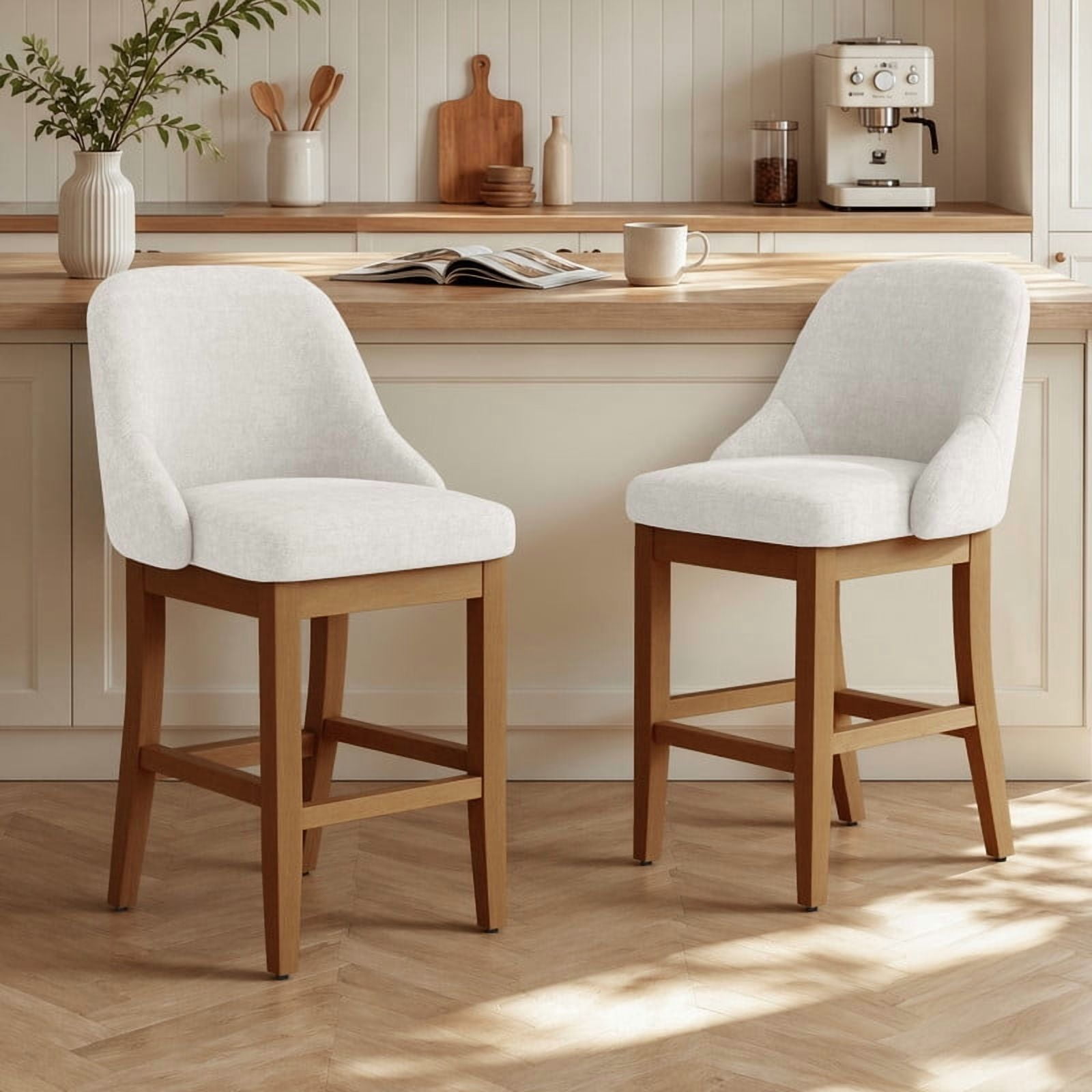 Hawsaiy Bar Stool Set of 2, 26" Counter Height Bar Stools with Back, Upholstered Chenille Bar Chairs, Solid Wood Legs & Footrest, Kitchen Island Stools for Dining Room, White