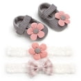 thumbnail image 1 of 4PCS Infant Baby Girls Slippers Cozy Fleece Booties Soft Bottom Warm Cartoon Socks Newborn Crib Shoes with 2 Headbands, 1 of 5