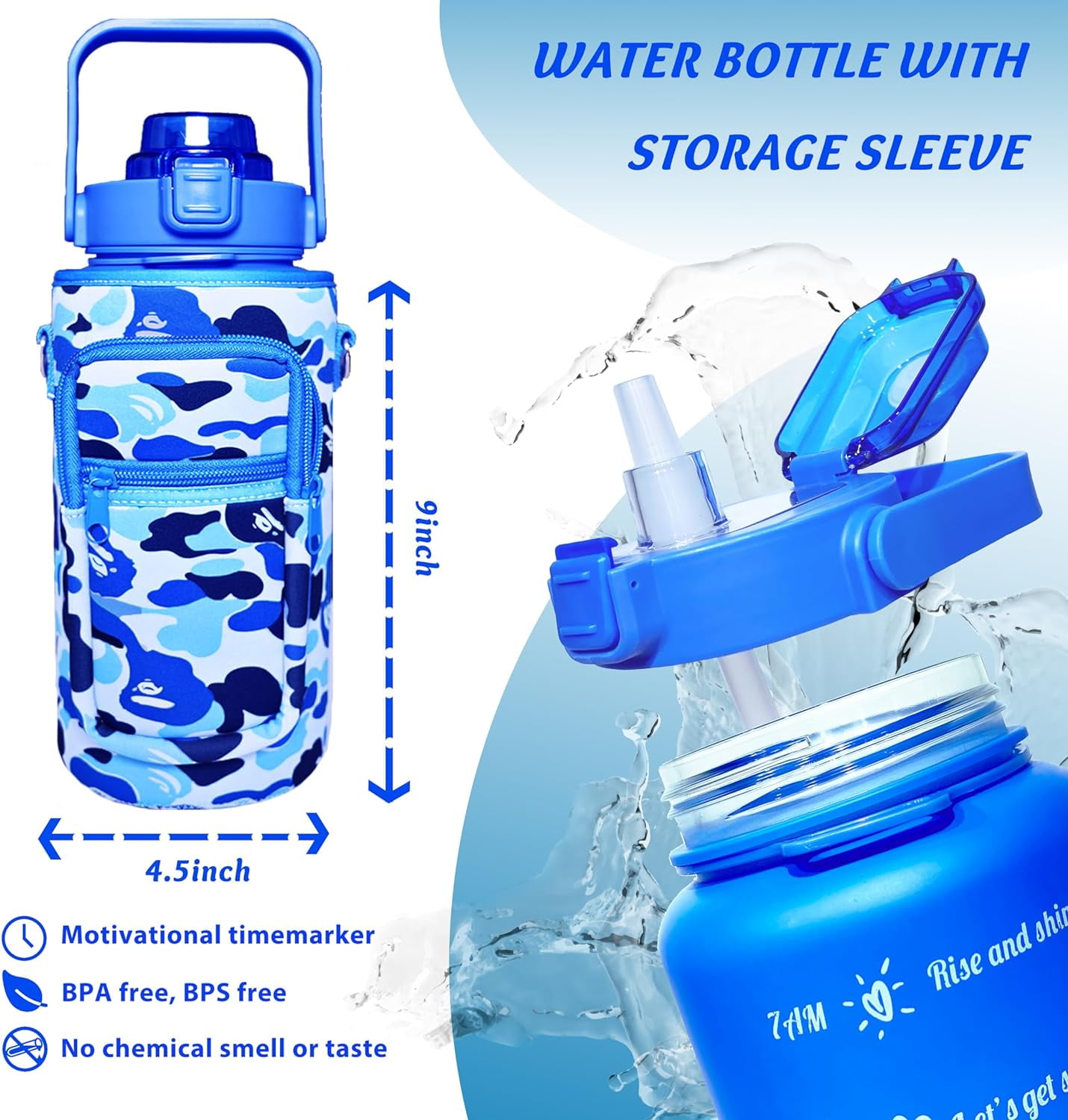 64 oz Water Bottle with Straw Sleeve & Strap Motivational BPA Free Half Gallon Water Jug with Handle for Gym Women Men Aesthetic Water Bottle with Strap Navy Blue