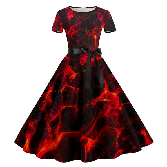 Lovskoo Women's Summer Halloween Dress Evening Gown Trendy Casual Floral Printing Short Sleeve Round-Neck Knee-High Fit and Flare Dress Red
