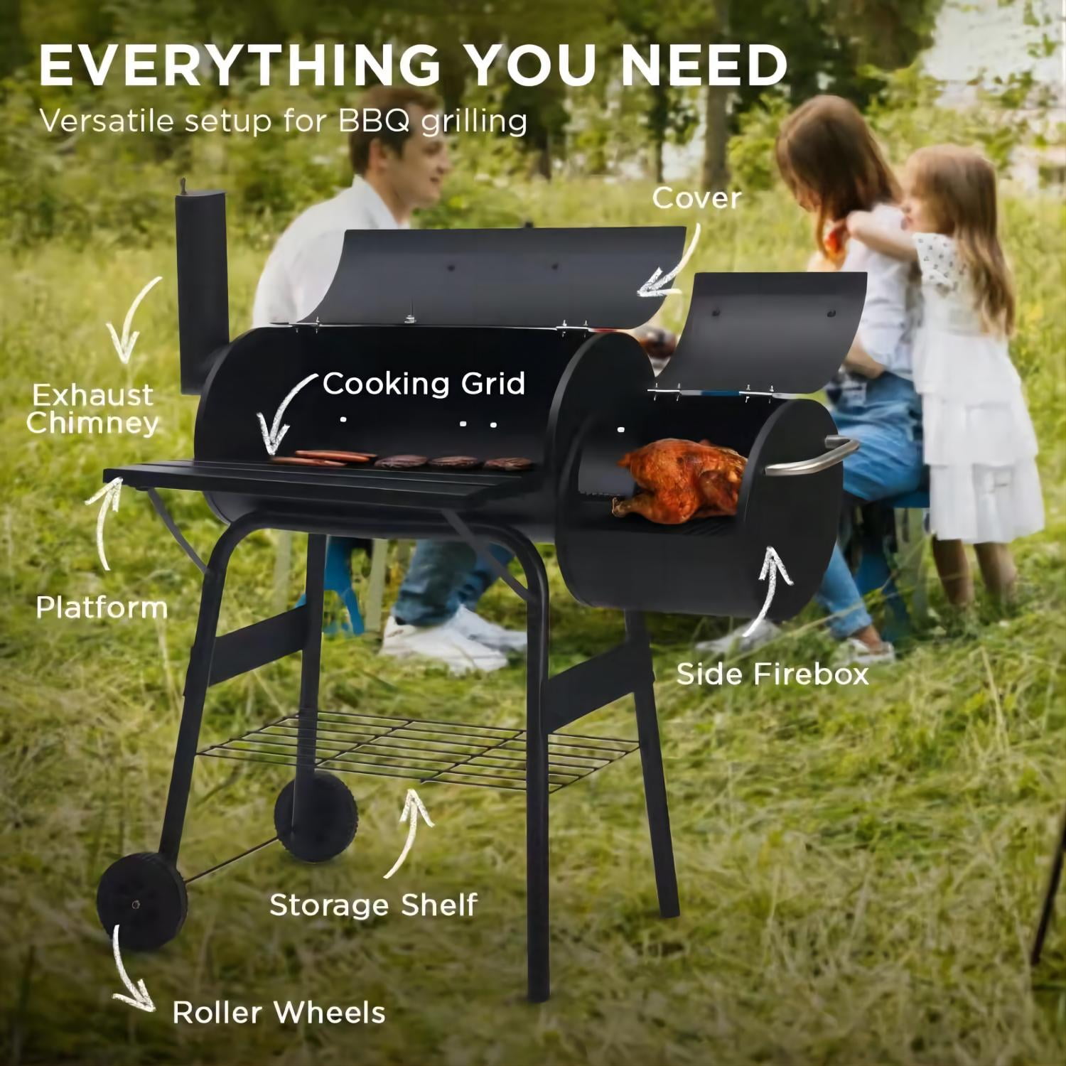 YouYeap Outdoor Portable BBQ Charcoal Grill with Offset Smoker, Black