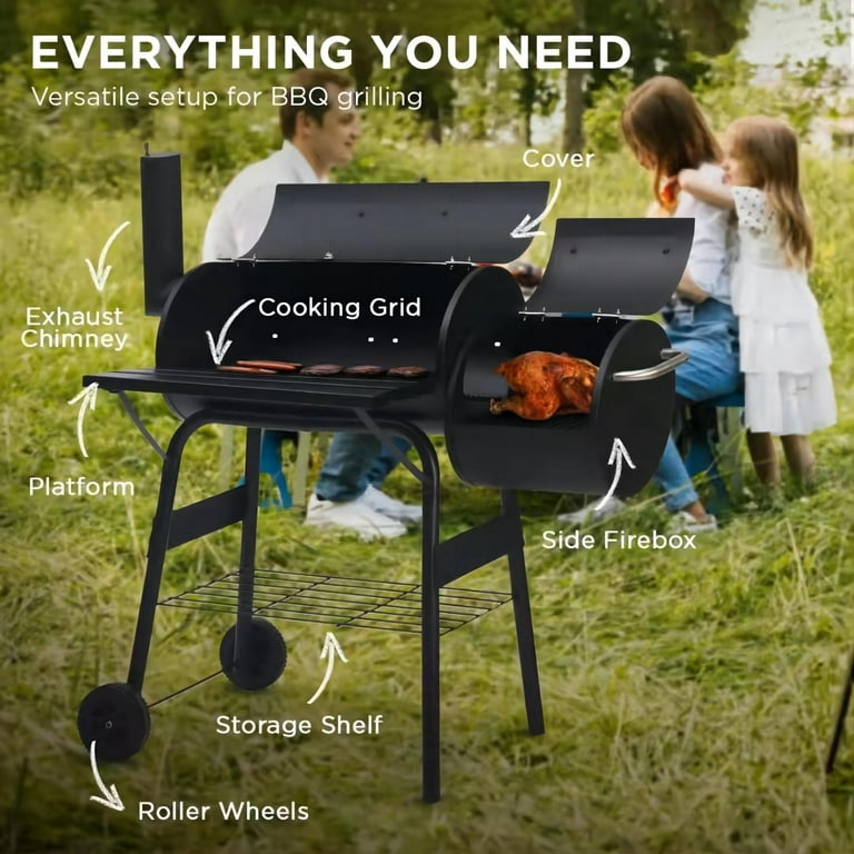 MFSTUDIO Heavy Duty Outdoor Smoker, Portable BBQ Charcoal Grill with Offset  Smoker, 512 Sq.In. Cooking Area for Camping and Picnic, Black