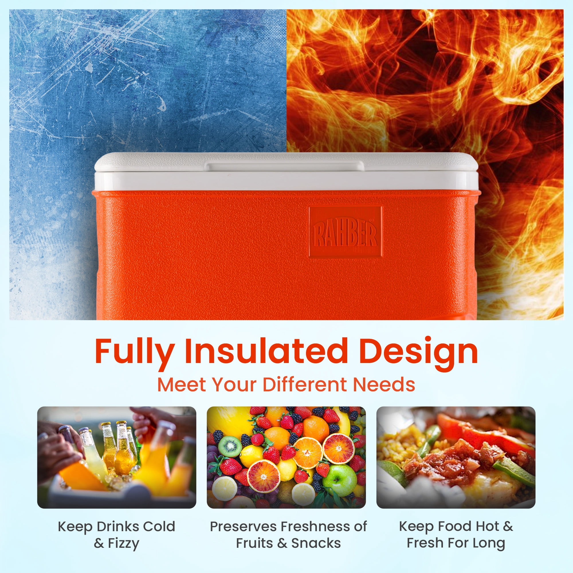 Rahber 44.4 Qt Ice Cooler Insulated Ice Chest Box, Hard Sided Portable with Retractable Handle