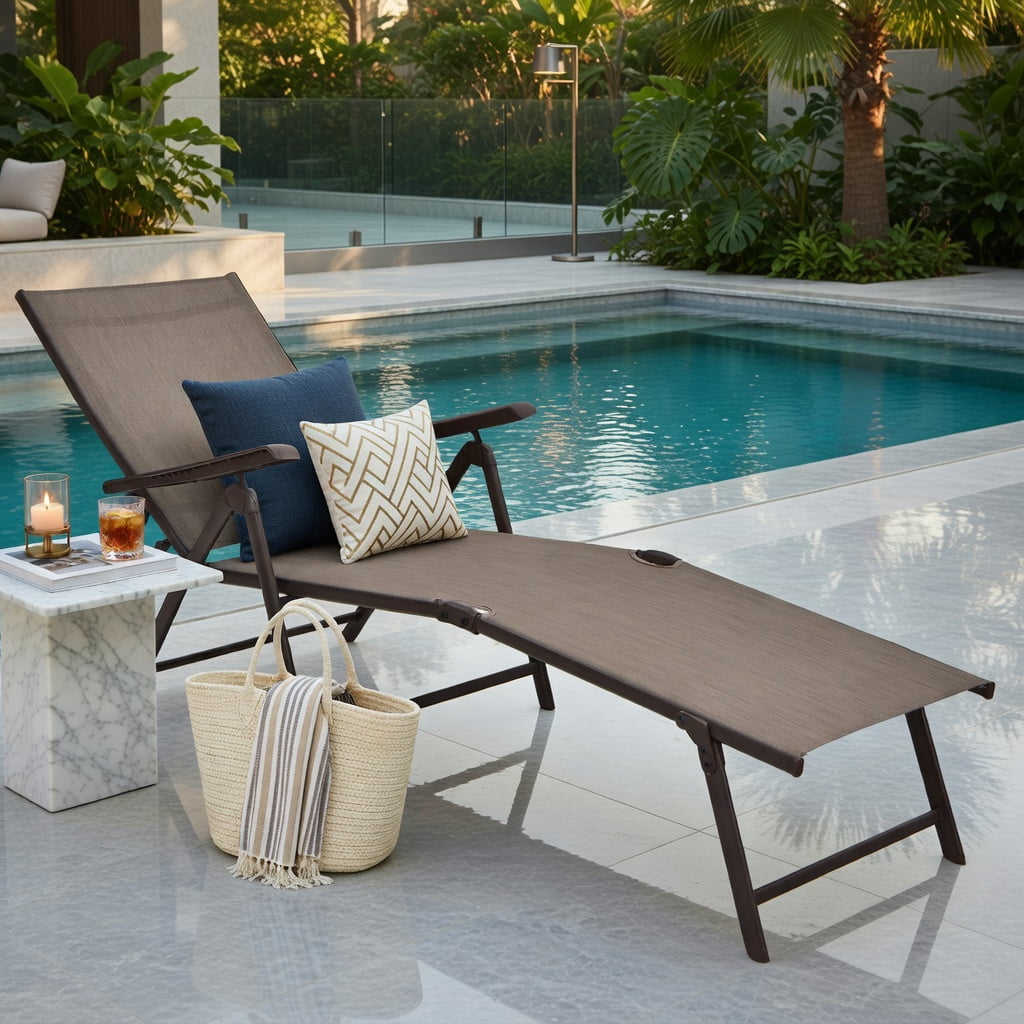 Hommoo Foldable Outdoor Chaise Lounge Chair with Adjustable Backrest & Footrest, Steel Frame for Patio, Poolside & Garden, Brown