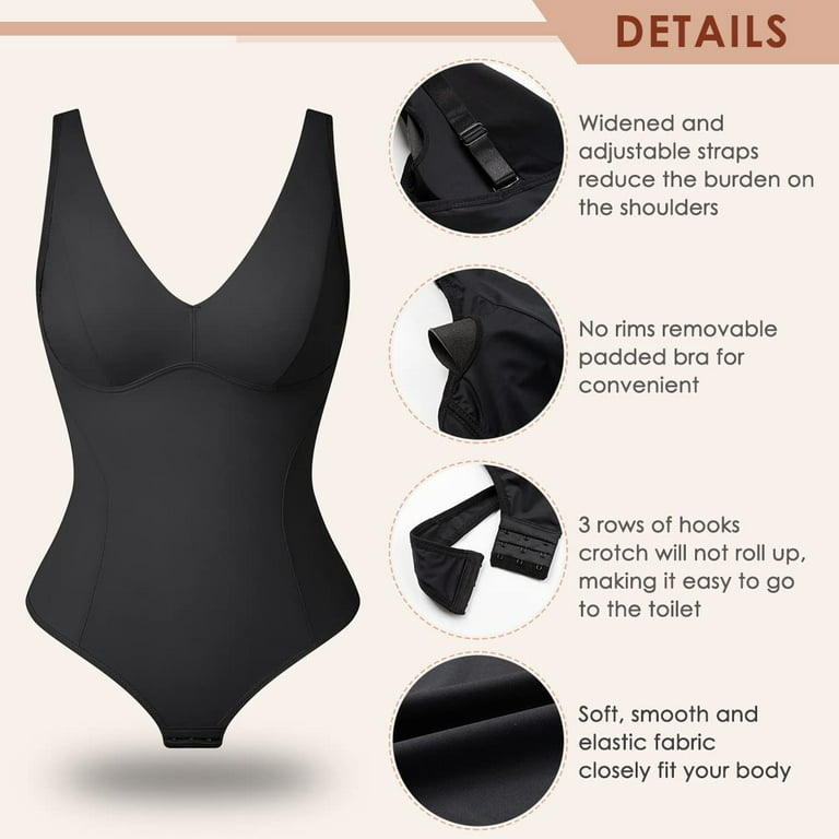 Vaslanda Women Thong Shapewear Bodysuit Tops with Built-in Bra Pads Smooth  Tummy Control Body Shaper 