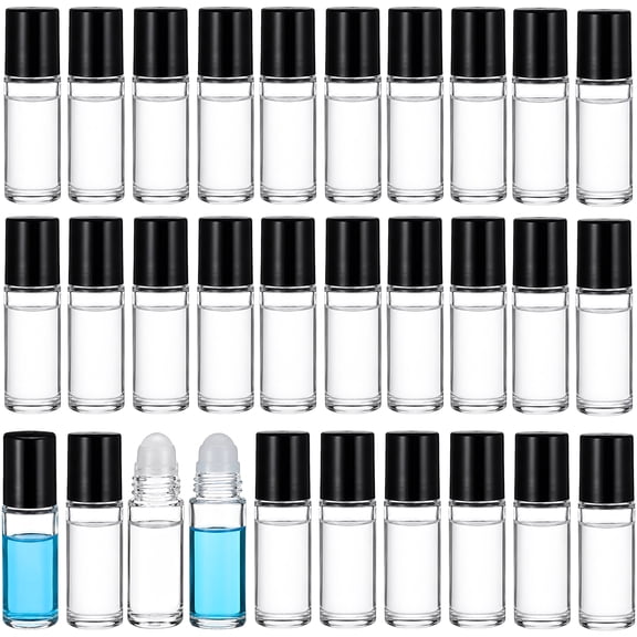 30 Pcs Roll On Bottles, 30ml / 1 oz Empty Essential Oil Roller Bottle Set, 3.9 x 1.2 in Clear Glass Bottle with Plastic Roller Ball and Black Cap for Deodorant, Serum, Massage Oils, Travel Use