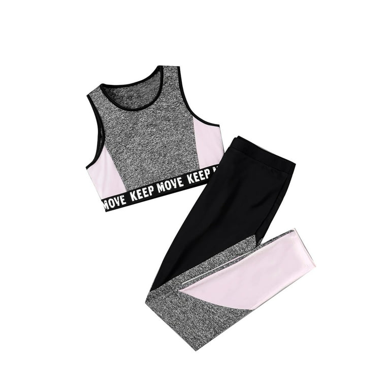 Kids Girls Fitness Workout Outfits Crop Tops Athletic Leggings Suit Running  Set