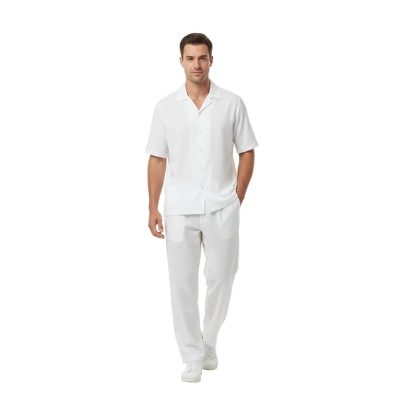Mens INSERCH 2pc Walking Leisure Suit Shirt Pants Set Short Sleeves 9356 White