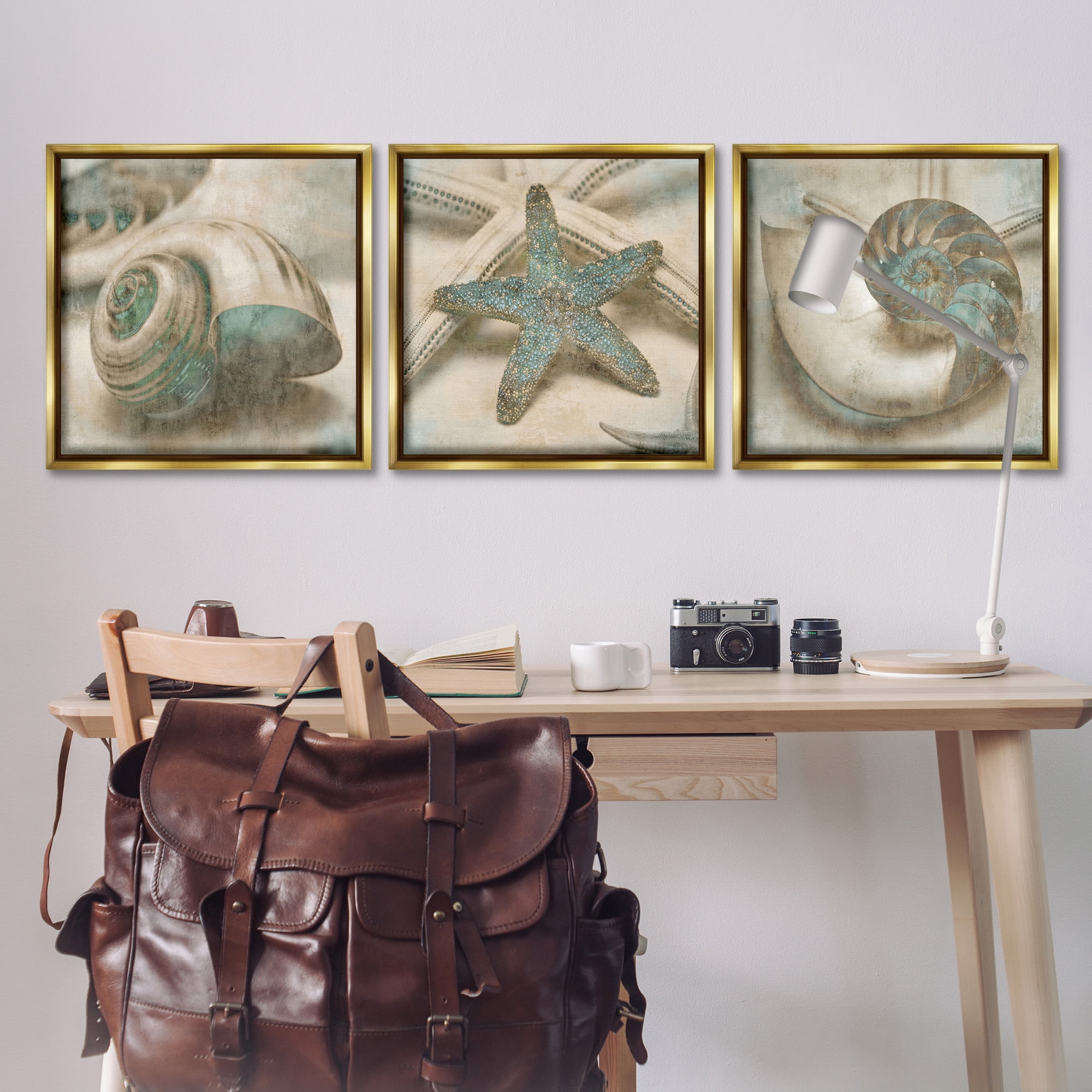 Stupell Industries Starfish & Sea Shells Distressed Nature Painting Gold Floater Framed Canvas Art Print Wall Art, 25 x 25, Set of 3