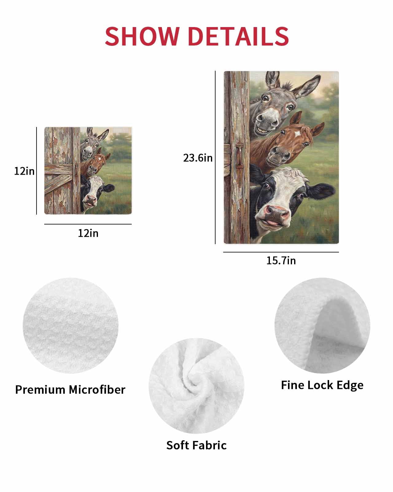 Farmhouse Animals Kitchen Dish Towels for Drying Dishes Set of 4, Country Cows Horses Donkeys Farm Waffle Weave Microfiber Hand Tea Bathroom Towels Quick Dry & Absorbent Towel 12x12