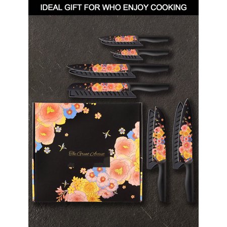 12-Piece Kitchen Knives Set, Colorful And Fashionable Coated Stainless Steel Knives With Blade Guards, 6 Knives With 6 Knives Sheath