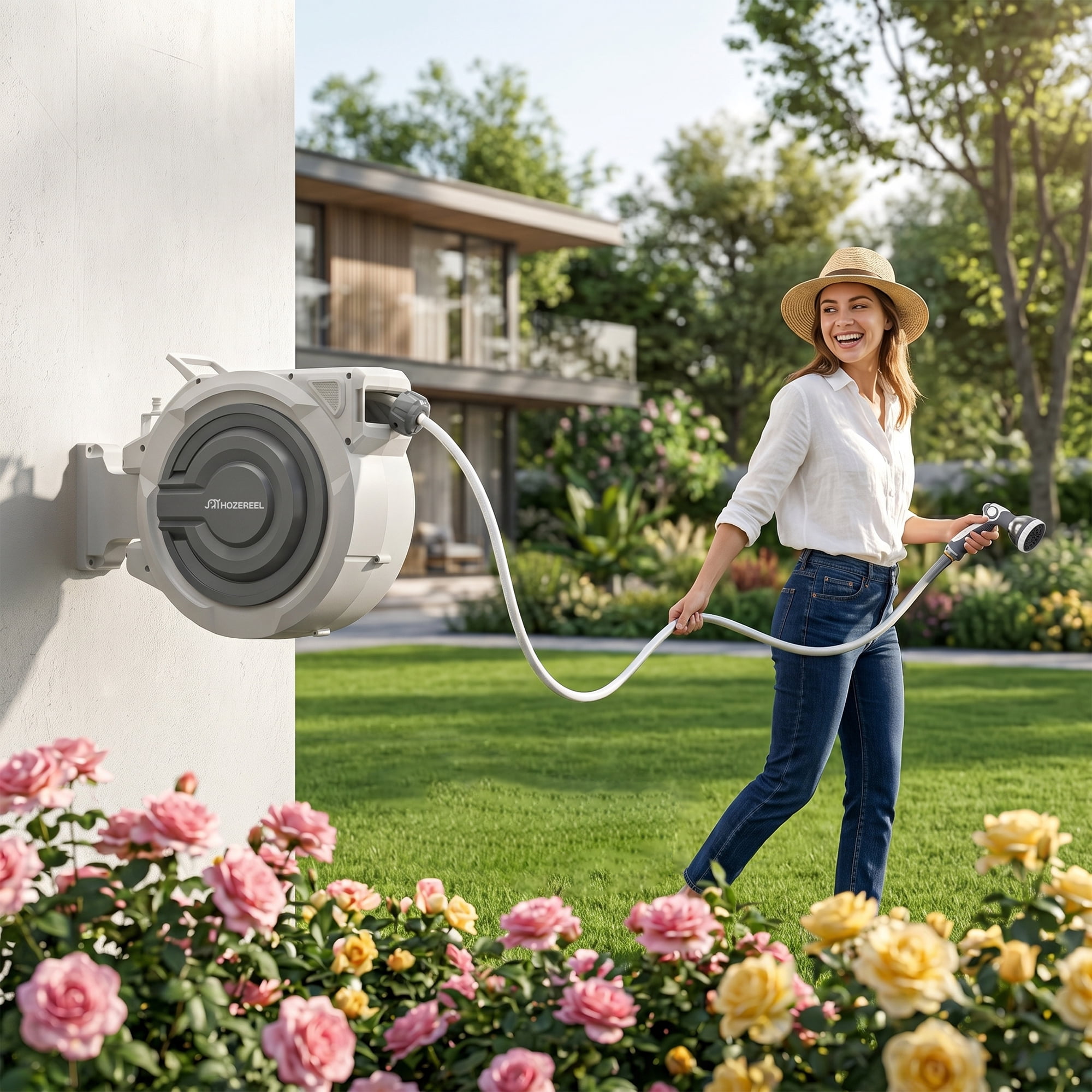 72 FT x 5/8" Retractable Garden Hose Reel by HOZEREEL, Outdoor Garden Hose Reels - Automatic Self Retract Wall Mount Hose Reel Enclosed Storage, Any Length Lock, 10 Pattern Nozzle-Grey