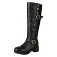 thumbnail image 5 of Rokment Platform Knee High Motorcycle Riding Boots for Women Vintage Fashion Studded Buckles Leather Chunky Mid Heel Wide Calf Long Tall Dress Combat Boots Black Size 6.5, 5 of 9