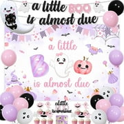 Halloween Baby Shower Decorations for Girls, A Little Boo Is Almost Due Banner Backdrop Pink and Purple Ghost Balloons Kit Cake Topper - Gender Reveal Pregnancy Celebration Party Supplies