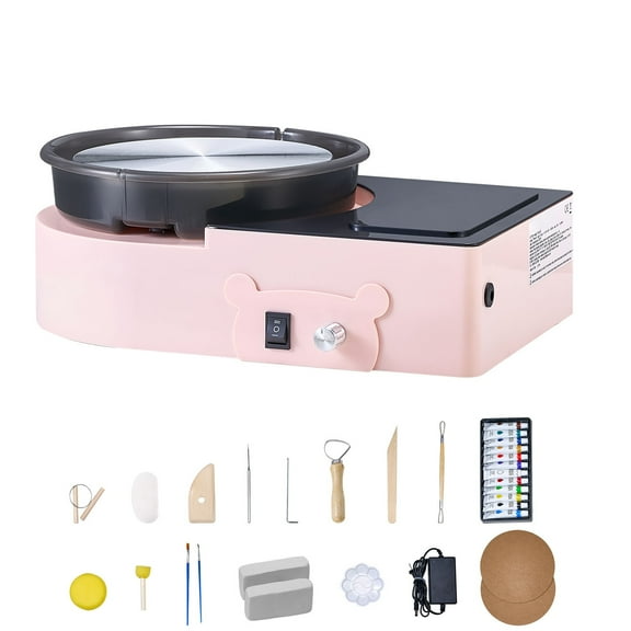KFFKFF Mini Pottery Wheel, 6-inch Turntable, Dual Rotation Modes, Variable Speed Control, Electric Clay Wheel for Beginners and Hobbyists, Includes Clay Sculpting Tools, Pink