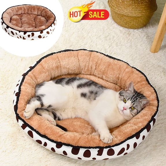 Oval Reversible Dual Sided Calming Cat Dog Bed, 12x16in Flannel Cow Print Winter Warm Raised Rim Pet Cushion, PP Cotton Filling Four Season Indoor Crate Sofa Sleeping Mat for Small Kittens Puppies