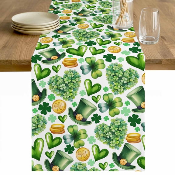 St. Patrick's Day Table Runner - 70 Inch Long Spring Shamrocks Green Love Heart Hats Cotton and Linen Blended Dress Scarves Farmhouse Table Runner for Kitchen Dining, Coffee Table, 13" x 70"