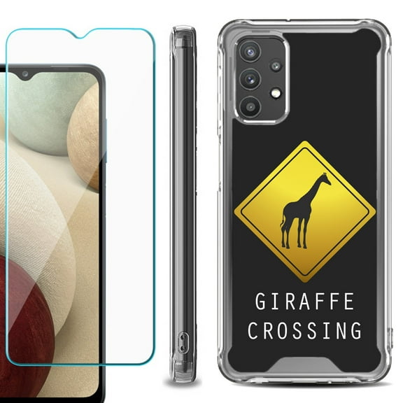 Shockproof Bumper Phone Case for Samsung Galaxy A32 5G, with Tempered Glass Screen Protector, by OneToughShield ® - Road Sign Giraffe