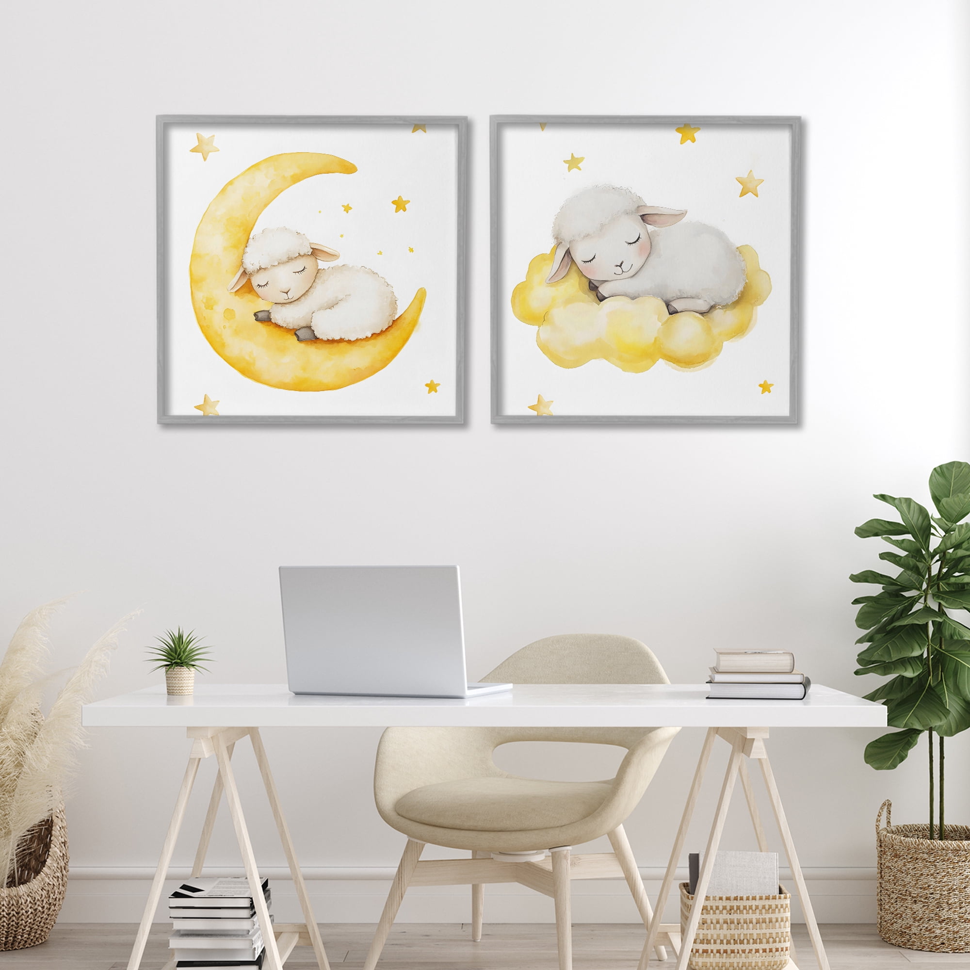Stupell Industries Sleeping Sheep Cloud and Moon 2 Piece Gray Framed Giclee Art Set, design by LSR Design Studio