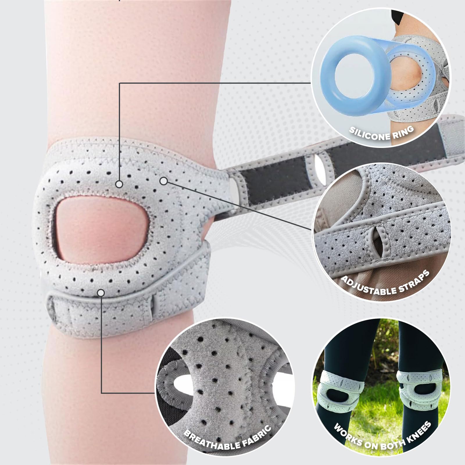 A pair Patella Knee Strap with Shock-Absorbing Gel Pad & Anti-Slip Silicone – Knee Brace for Running, Jumping, Basketball, Squats (Gray, L)