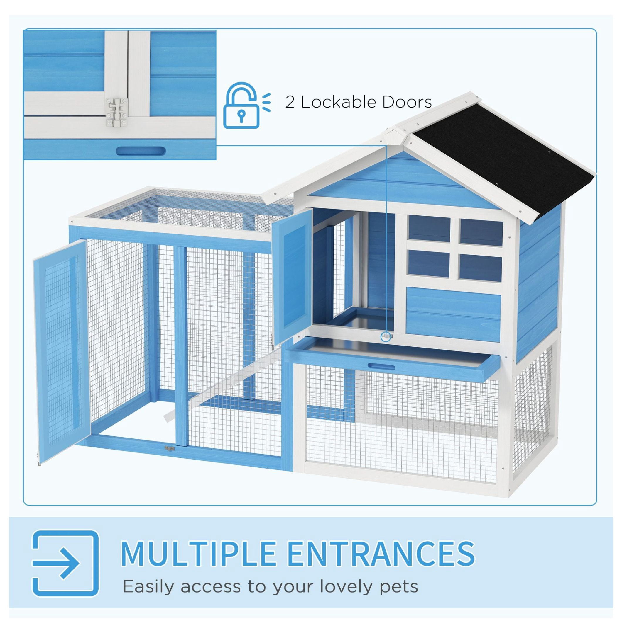Indoor Rabbit Enclosure, Outdoor Hutch Inch Bunny Cage with Waterproof Roof Run Removable Tray Ramp Light Blue