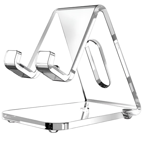 GJX Clear Acrylic Cell Phone Stand for Desk, 5mm Thick Transparent Smartphone Holder, Hands Free Cradle for Office, Home, Bedside