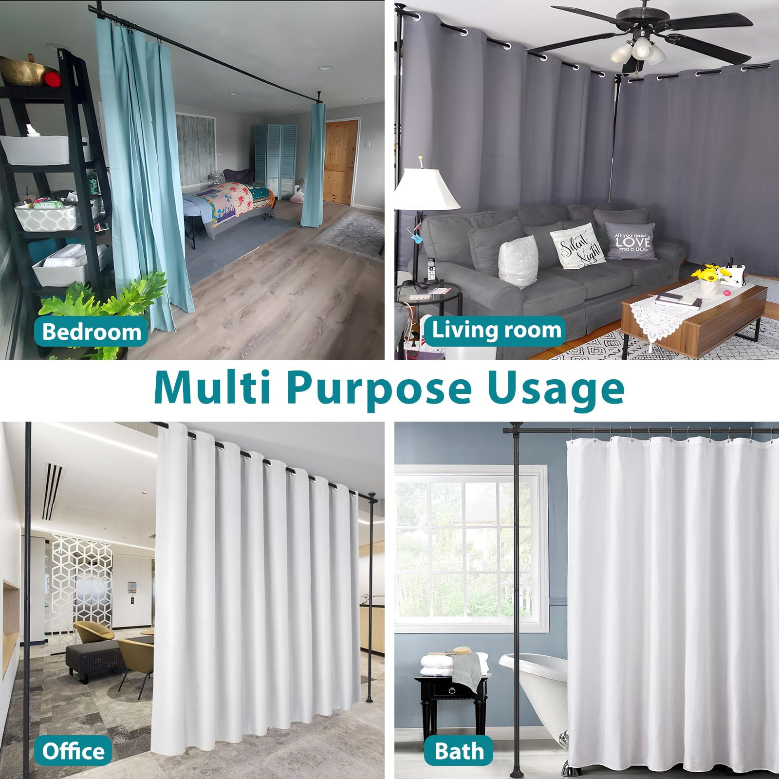 Room Divider, 4-10ft No Drilling Adjustable Curtain Rods Wall Divider for Room Separation, Heavy Duty Freestanding Hanging Room Divider Curtain Rod, Black