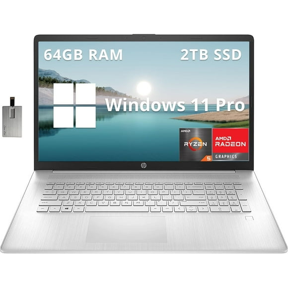 HP 17.3" FHD Laptop, AMD Ryzen 5 5500U, 64GB RAM, 2TB SSD, AMD Radeon Graphics, Fingerprint Reader, Numeric Keyboard, 720p HD Webcam, WiFi, Windows 11 Pro, Silver, 32GB Hotface USB Card
