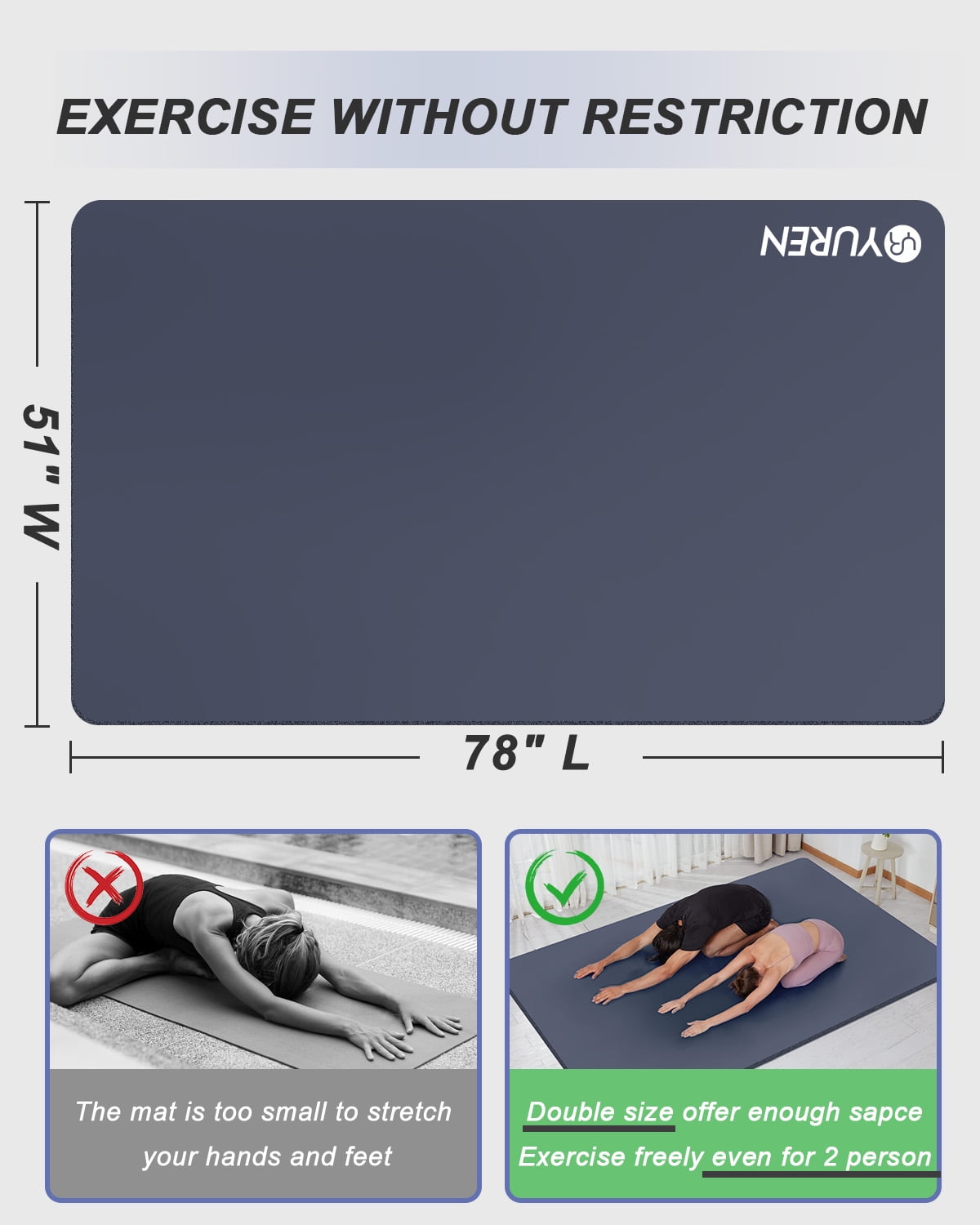 YR Extra Large Yoga Mat 78"x51" 10mm Thick Exercise Mats for Home Gym Workouts, Navy Blue