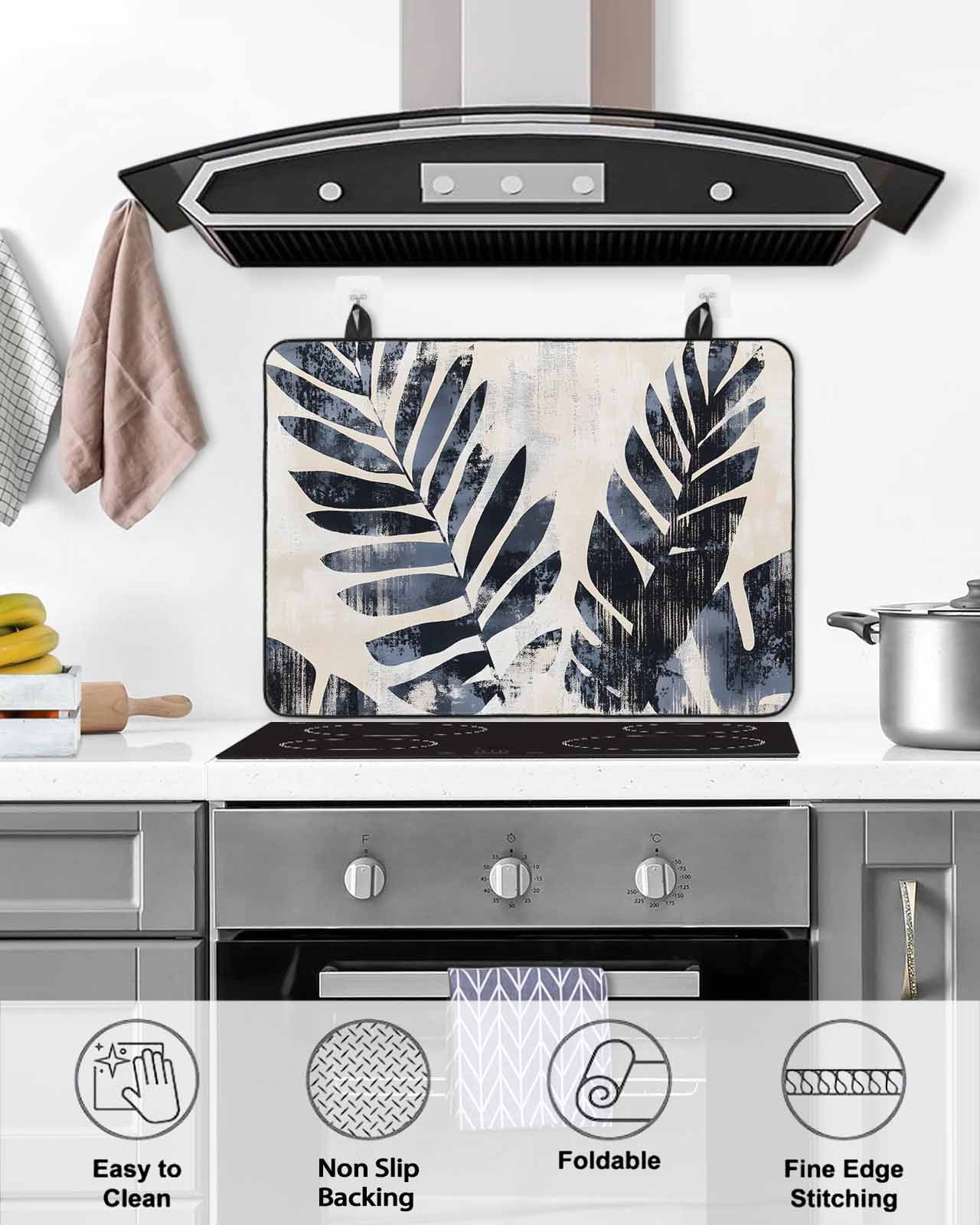 nqOlkjepod Large Induction Cooktop Protector Mat 24"x21", Navy Blue Palm Leaf Stove Top Covers for Electric Stove, Tropical Botanical Vintage Leaves Stove Burner Cover Mats, Glass Top Stove Cover