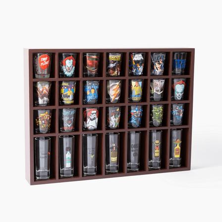 DECOMIL Shot Glass Display Case, Wall and Free Standing ,for Large/Standard Shot Glass , Shadow Box for 28 Glass, Solid Wood, Cherry Finish