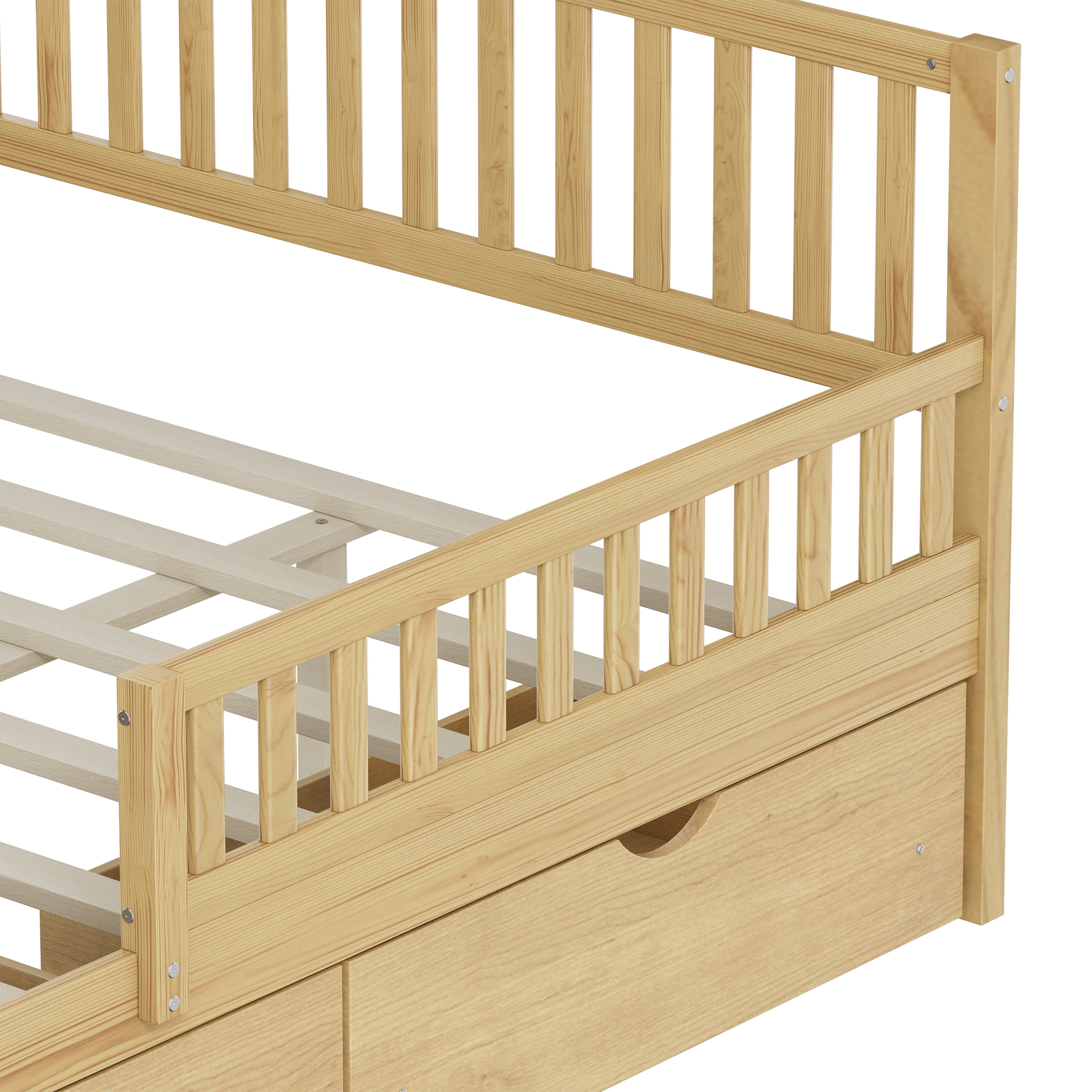 Euroco Wood Full Size Platform Bed with Guardrails and Drawers for Kids Teens Toddlers, Natural