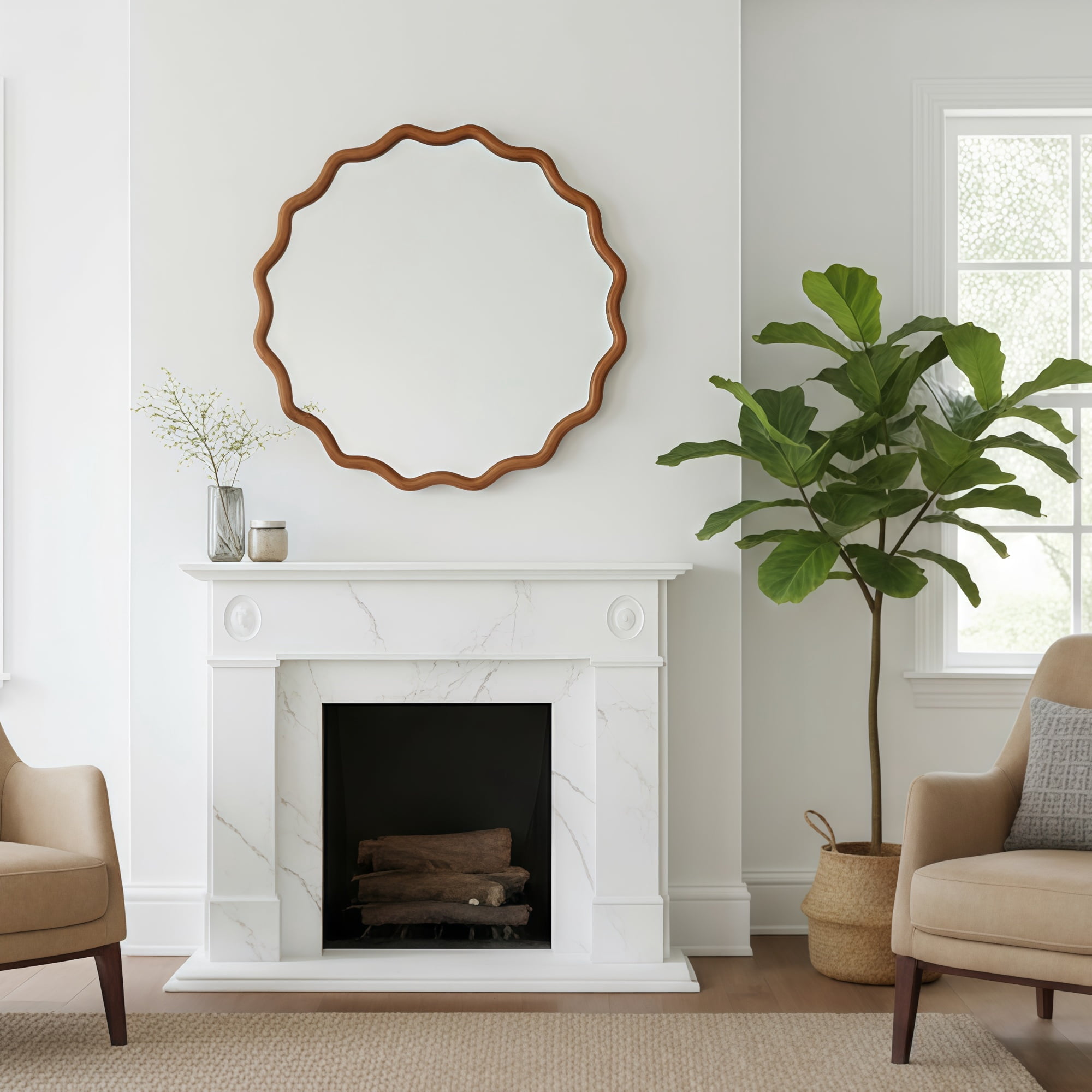 Leumius 36" Wavy Round Mirror, Solid Wood Frame Decorative Mirror for Bedroom Bathroom Living Room Entryway Brown