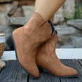 thumbnail image 3 of Womens Wide Mid Calf Cowboy Cowgirl Boots Winter Fall Fashion Leather Suede Low Cut Pointed Toe Low Heel Pull on Dress Riding Short Booties, 3 of 7