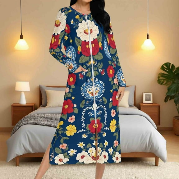 Aboser Retro Floral Housecoat for Women Zip Up Robes Raglans Long Sleeve Loungewear Cozy Zipper Front Bathrobe Loose Casual Long Home Dress with Pockets
