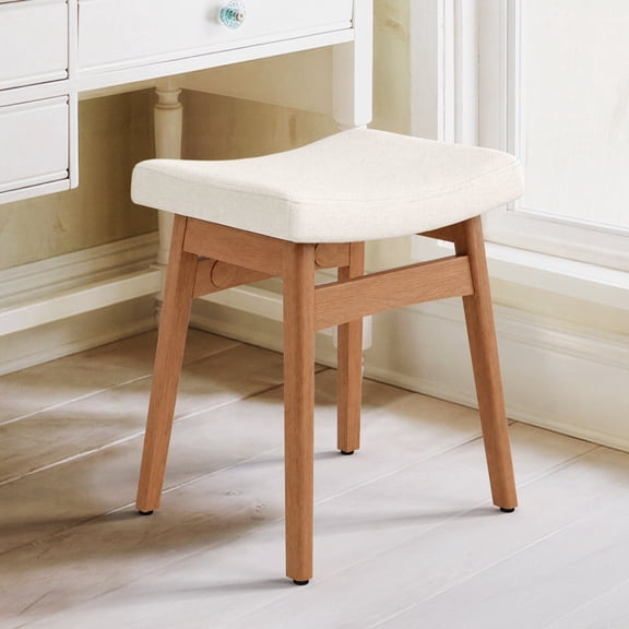 Carolayne Vintage Vanity Stool, Upholstered Non-Slip, Beige with Dark Natural Wood Legs
