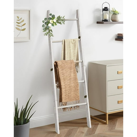 Blanket Ladder for Living Room, 5-Tier Wooden Ladder Shelf, Rustic Decorative Blanket Rack for Blankets, Quilts, Farmhouse Decor Ladder Shelf for Bedroom Bathroom Home Christmas Decor, White