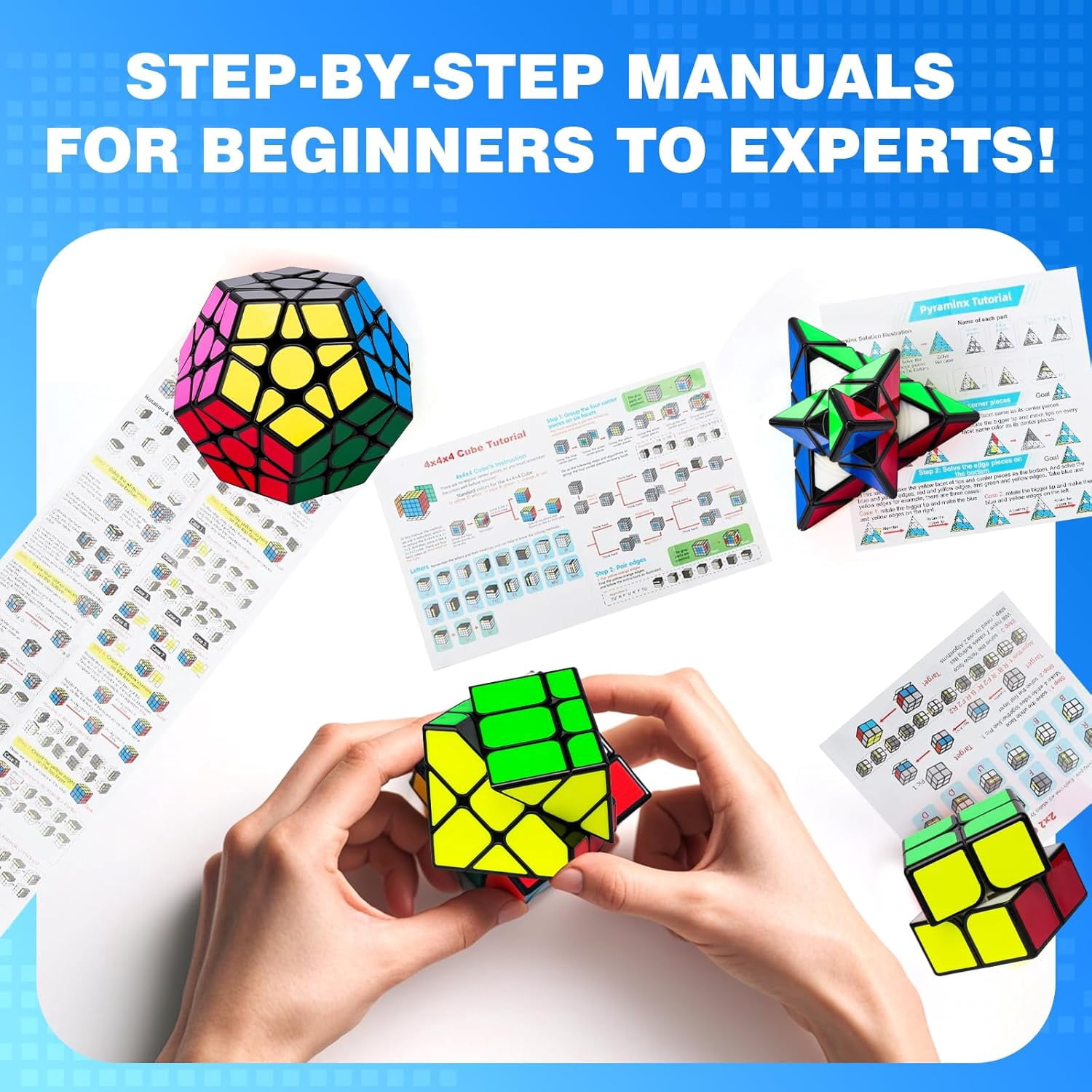 AuntyFey 5 Pack Magic Speed Cube Set, 2x2, 3x3, 4x4, Triangle Megaminx Stickerless Speed Cubes for Kids & Adults
