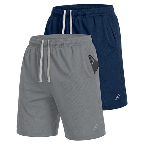 NY Threads Mens Athletic Shorts 2 Pack Quick Dry Lightweight Running Workout Gym Shorts with Pockets, Large, Medium Grey/Navy