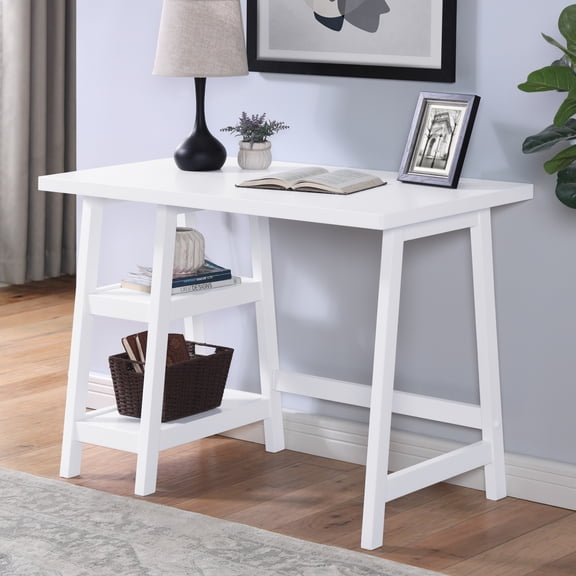 Redina Contemporary White Writing Desk with Open Storage Shelves