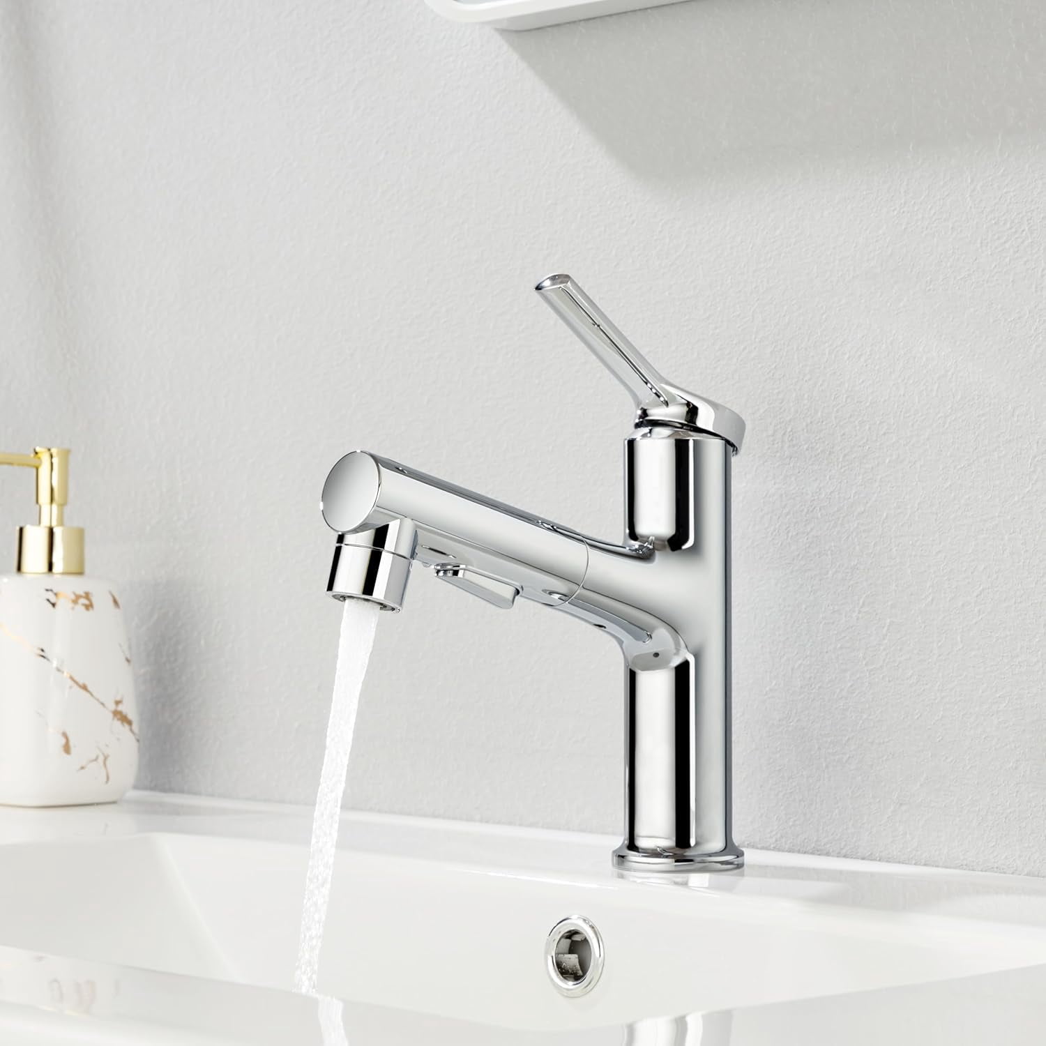 Single Hole Bathroom Faucet with Pull Out Sprayer, Dual Spray Modes, Solid Brass Polished Chrome Bathroom Faucet for Sink, Modern One Handle Bath Vanity Faucet with Face Basin Mixer Tap Visit The YI