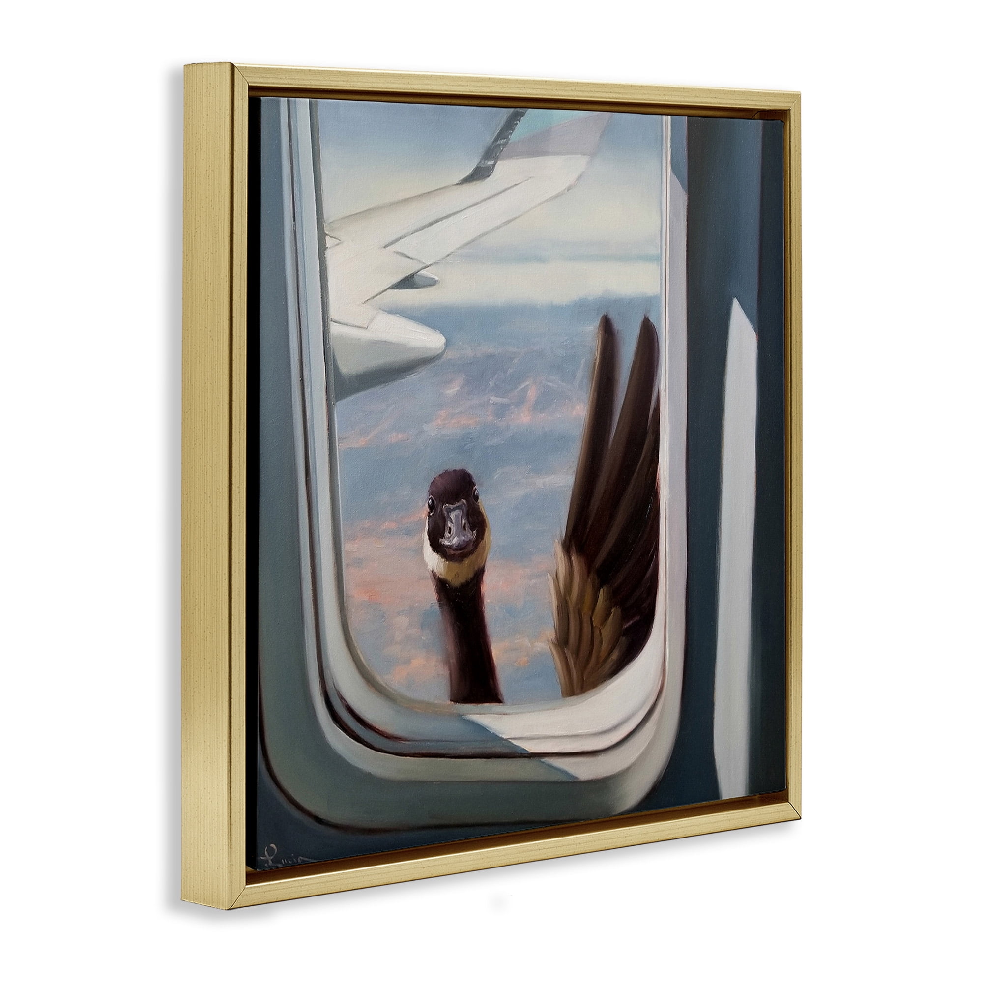 Stupell Industries Goose in Airplane Window Scene Animals & Insects Painting Gold Floater Framed Canvas Art Print Wall Art, 18 x 18
