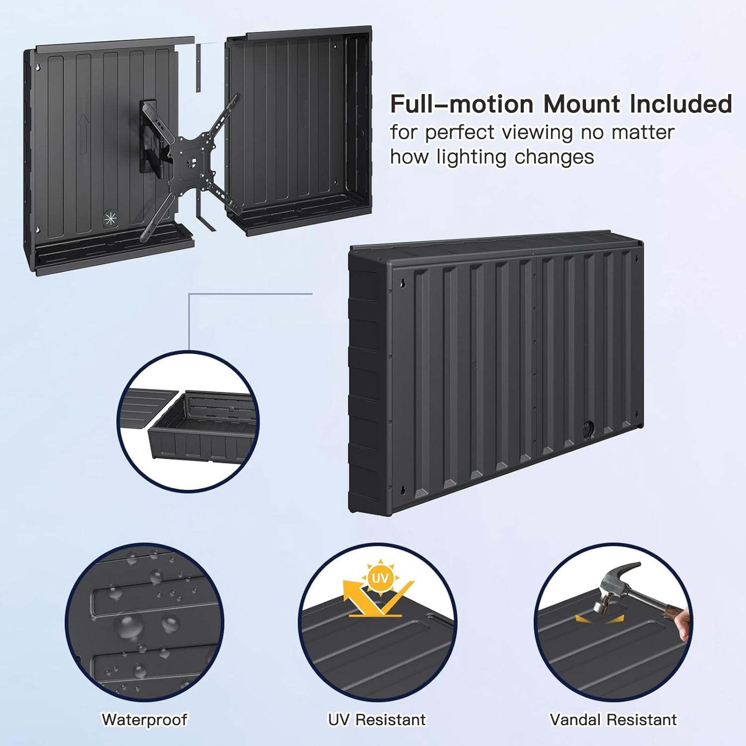 MELLCOM Hard Outdoor TV Cover for 32-44 inch TVs, Weatherproof Solid TV Shell with Full Motion Articulating TV Wall Mount for TV and Flat Panels