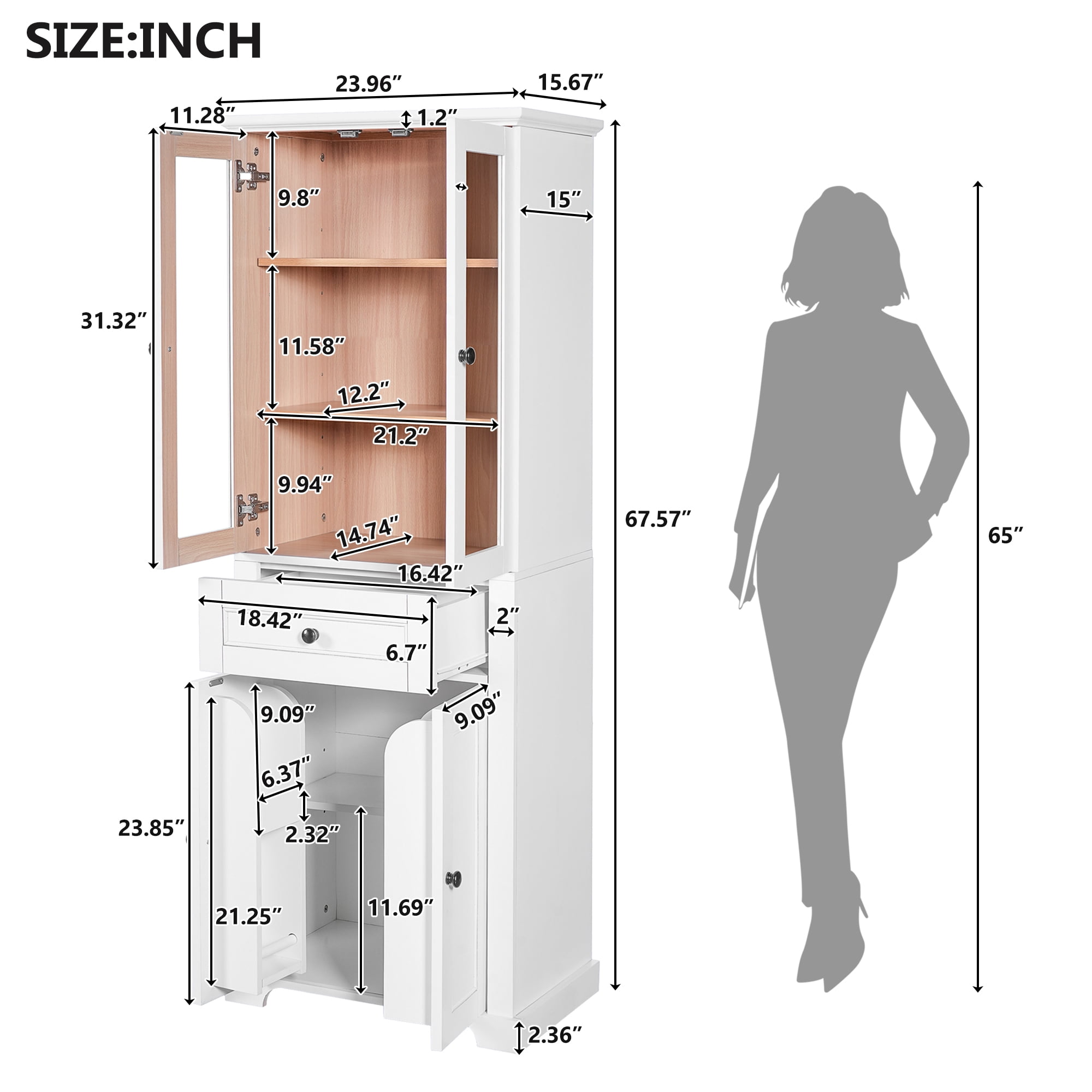 Tall Bathroom Storage Cabinet with 4 Tempered Glass Doors, Adjustable Shelves, Soft Close Drawer and Anti-Tip Kit, Freestanding Linen Tower, 67.2 Inch in White