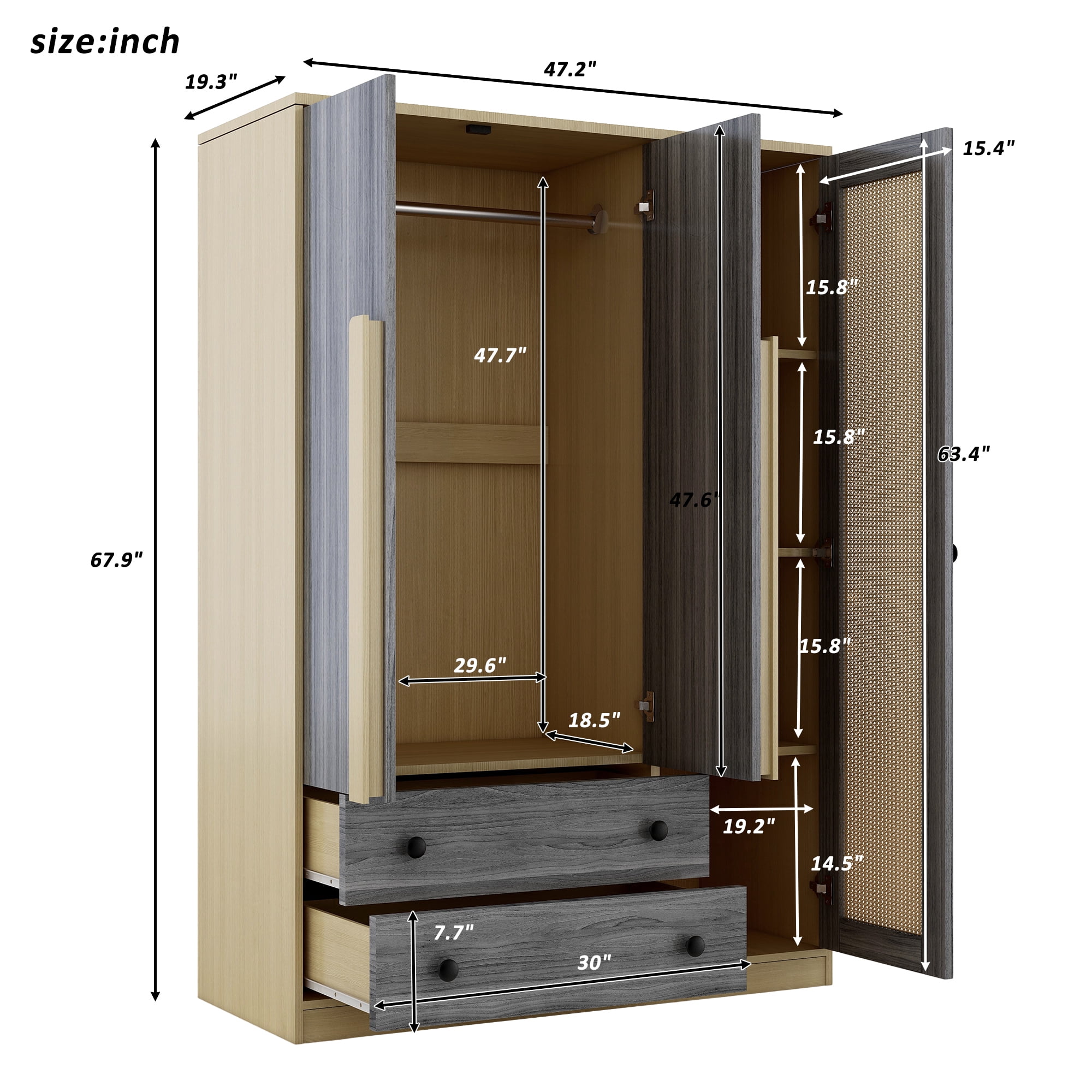 3-Doors Wooden Rattan Wardrobe Closet Storage, Wardrobe Armoire with 2 Drawers for Bedroom
