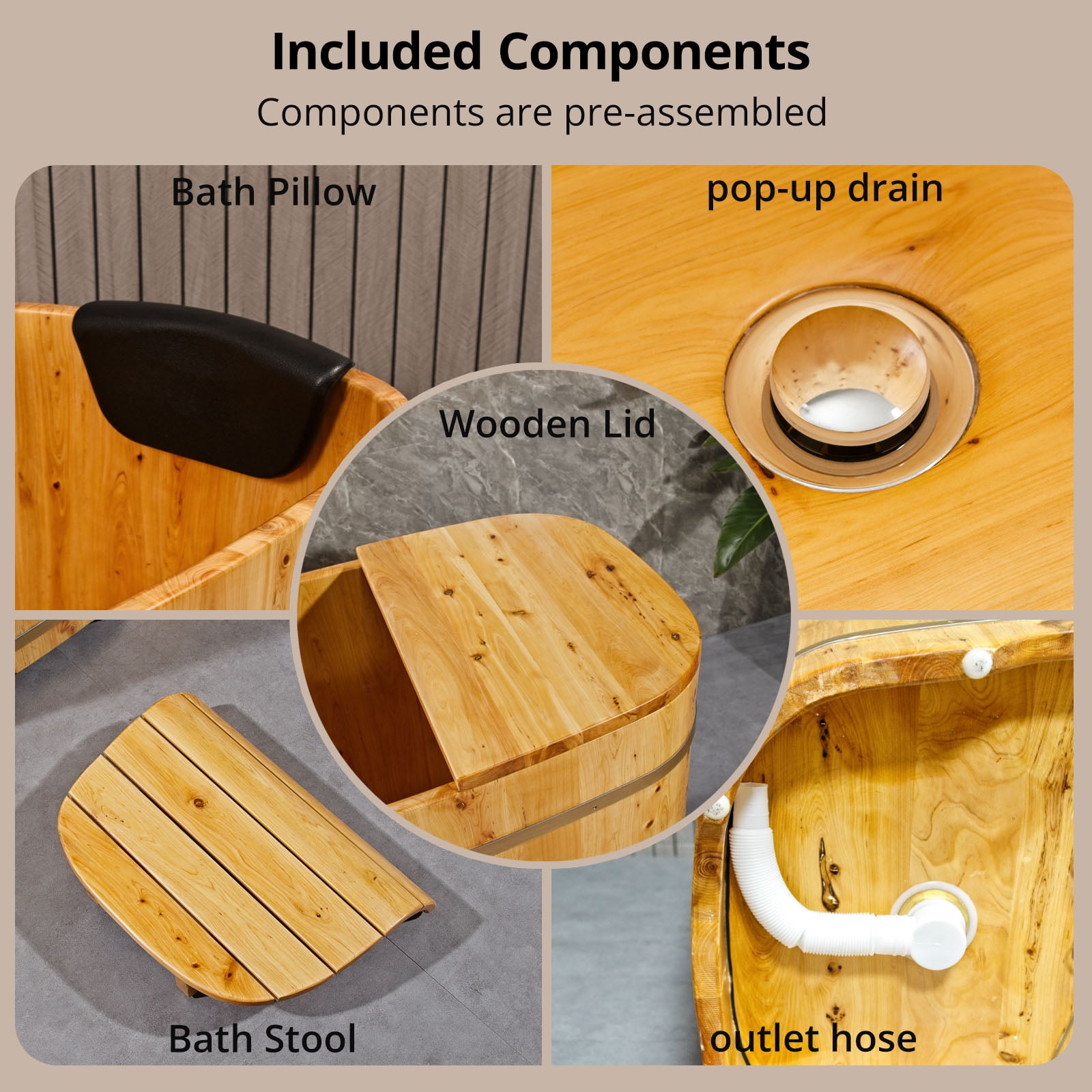JRYTIN  34” Handcrafted Cedar Wood Japanese Soaking Tub with Lid Deep Soaking Experience Portable Square Freestanding Wood Tub