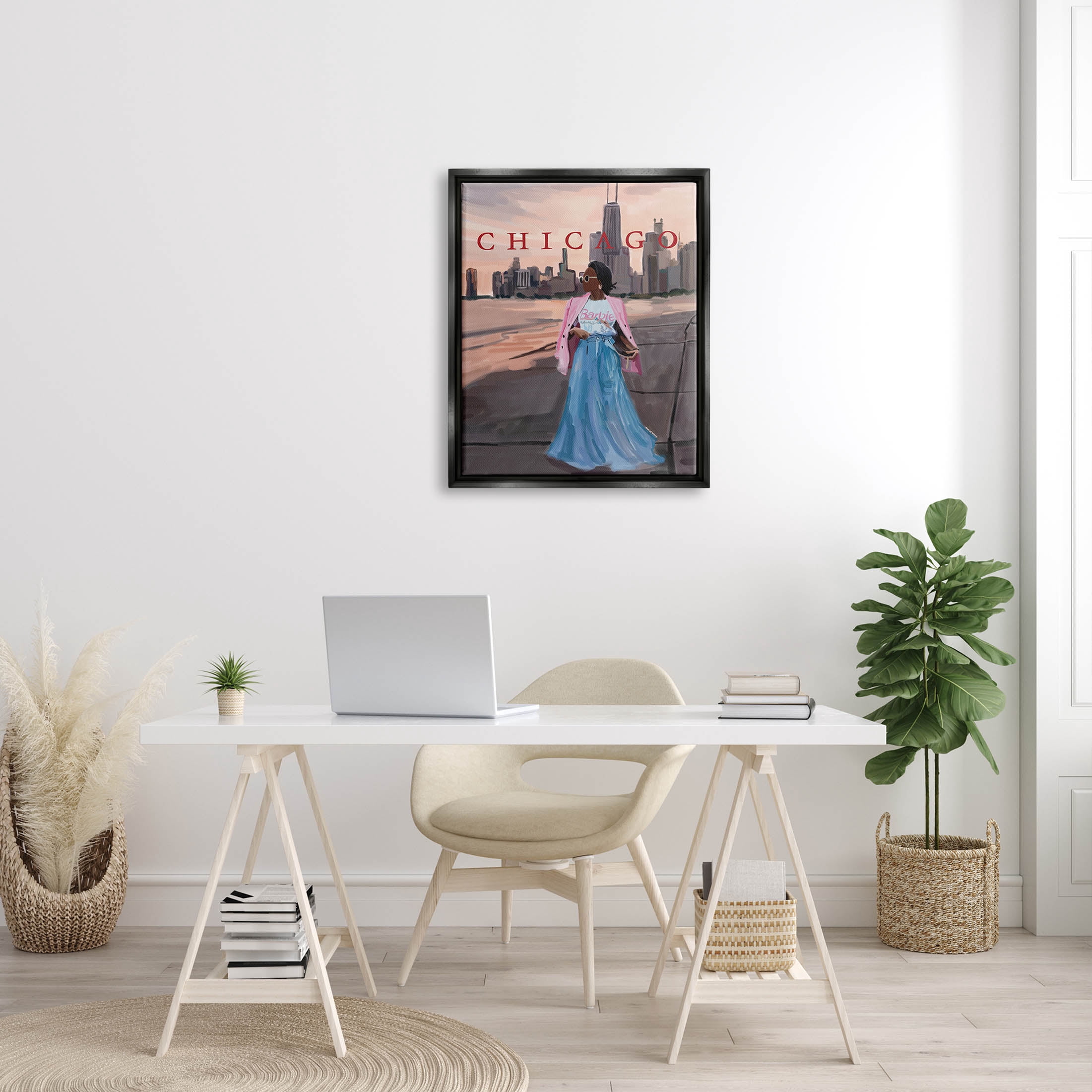 Stupell Industries Fashionable Woman Urban Chicago City Graphic Art Jet Black Floating Framed Canvas Print Wall Art, Design by Amelia Noyes