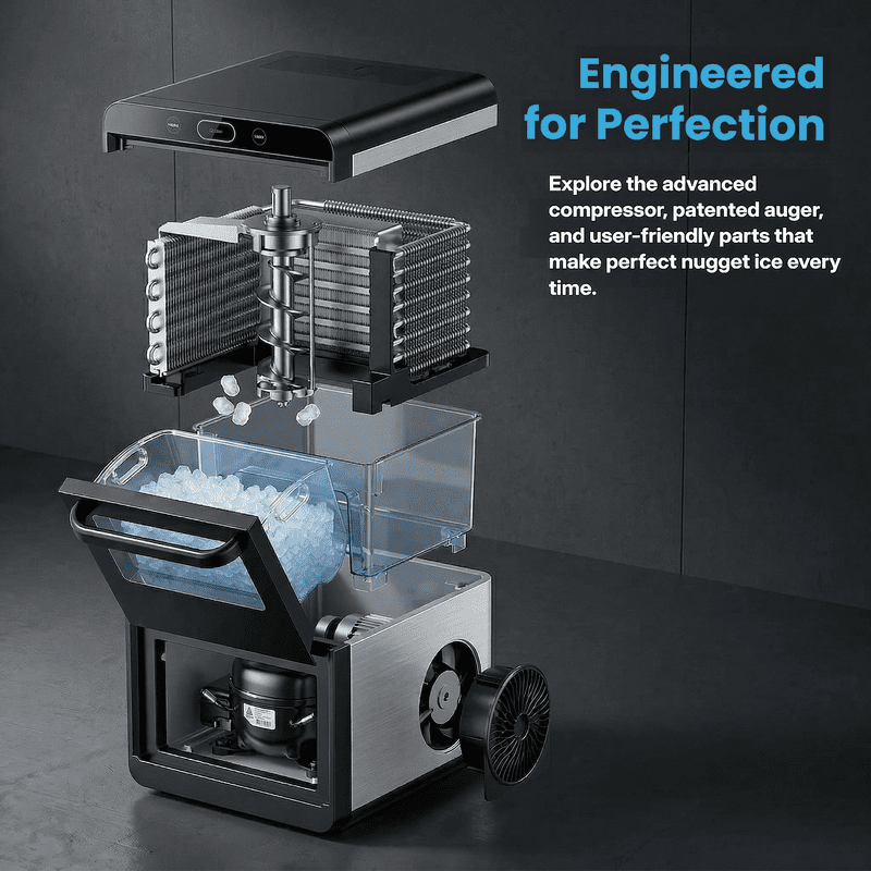 Countertop Nugget Ice Maker with Front Pull-Out Water Tank, 44 lbs/24H Pebble Ice Machine, Removable Ice Basket, Self-Cleaning Crushed Ice Maker, Stainless Steel Finish for Kitchen