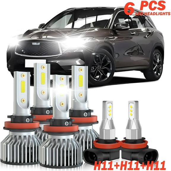 Fit for 2014 - 2015 Infiniti QX50(With Halogen) LED headlight bulbs H11 H9 H8 High/Low Beam+ Fog lights,12000LM 50W 6000K,500% Brighter than halogen, 6PCS