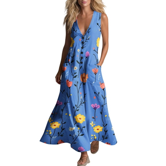 Lindreshi Summer Dresses for Women 2026 Women Casual Loose Printed Tank Dress Beach V-neck Pocket Sundress Sleeveless Dresses
